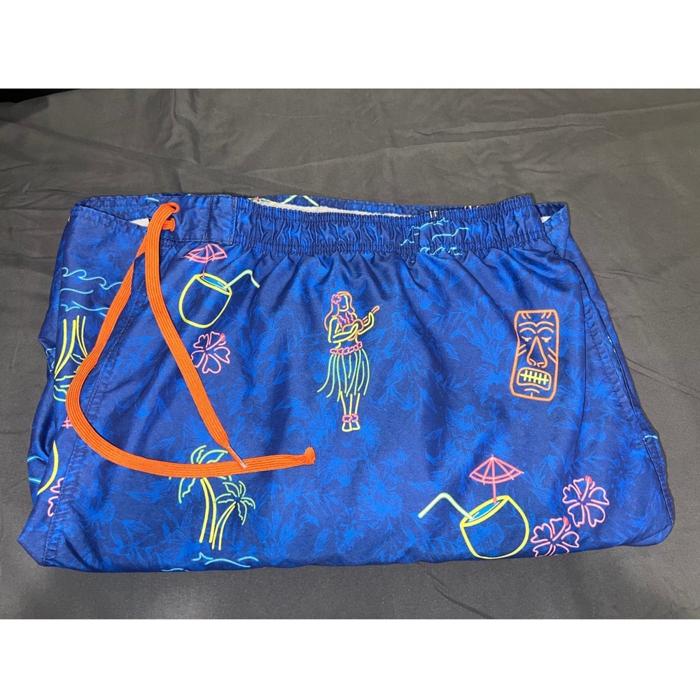 True Nation Mens 6XL Blue Neon Tiki Tropical Print Swim Trunks Mesh Lined Shorts